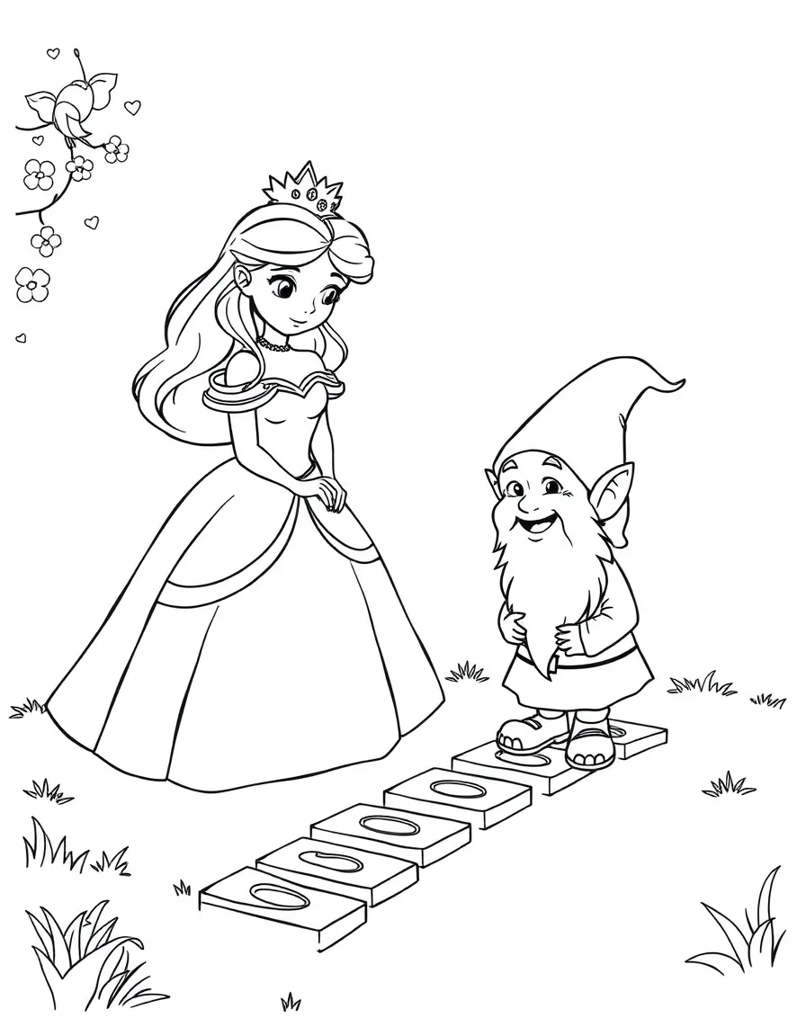 A princess playing a game of giant hopscotch with a giggling gnome.