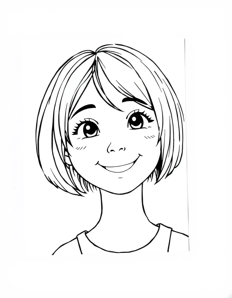 A simple coloring page of a girl with a short bob haircut, smiling.