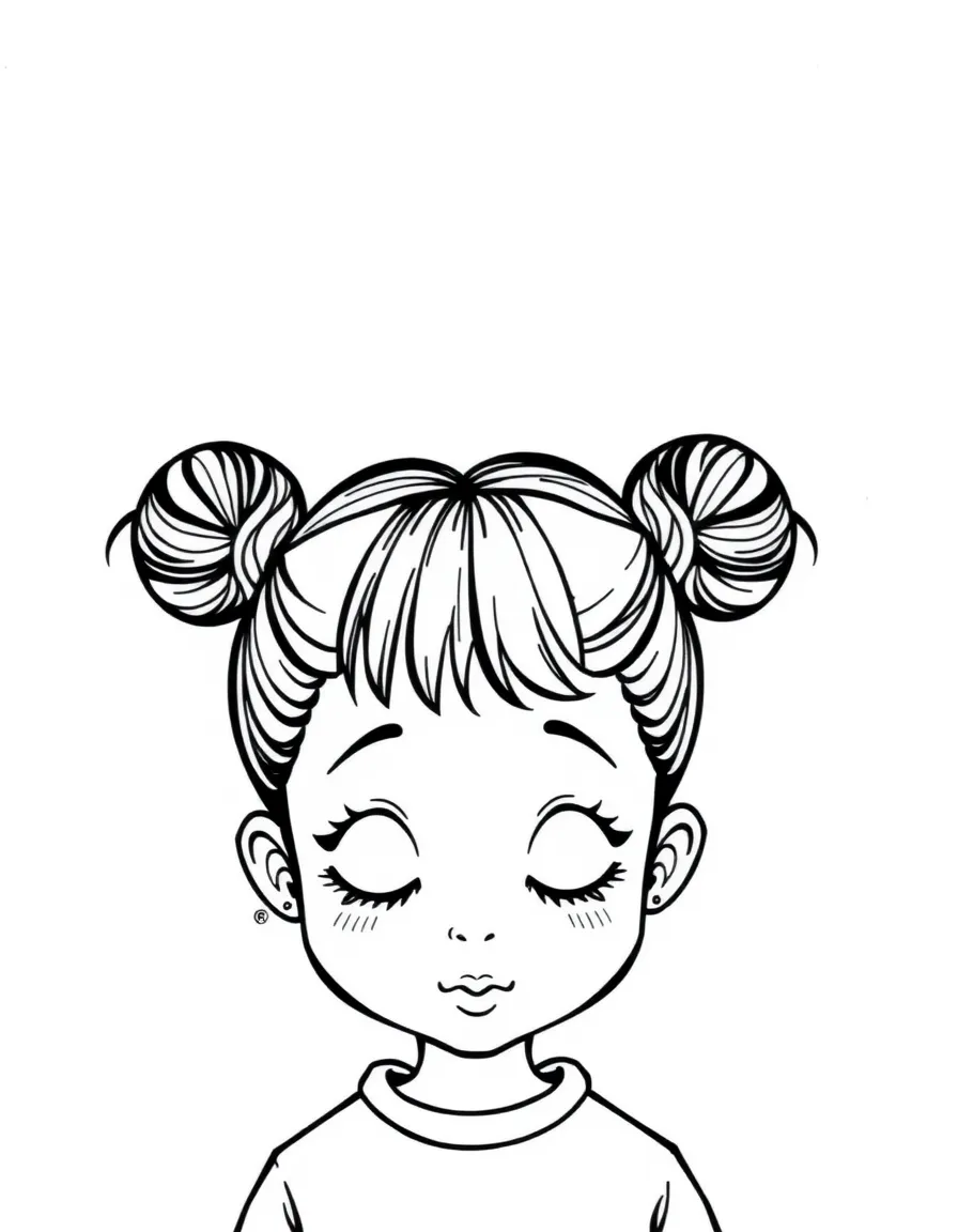 A girl with two small buns on top of her head (space buns).