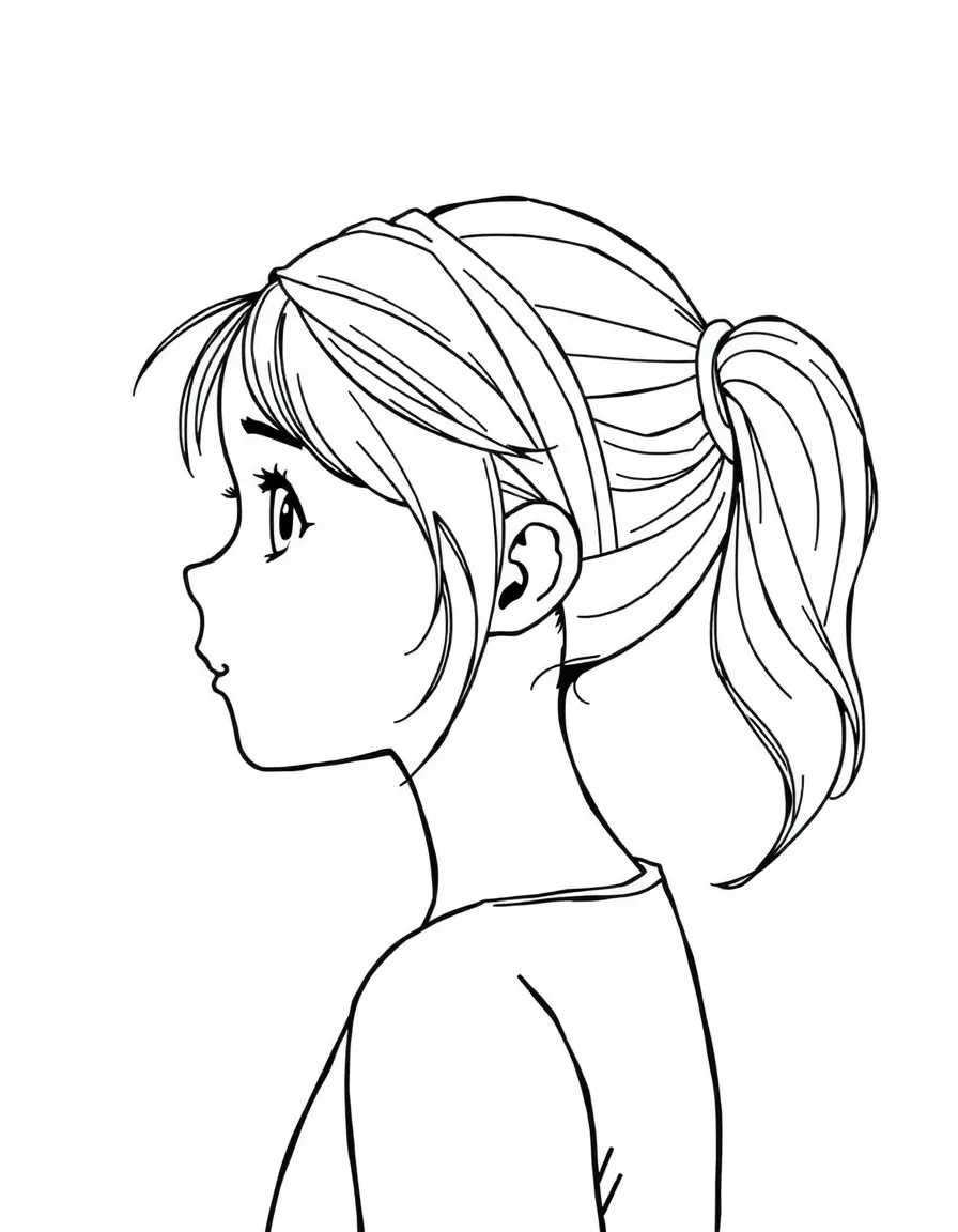 A girl with hair pulled back in a simple headband.