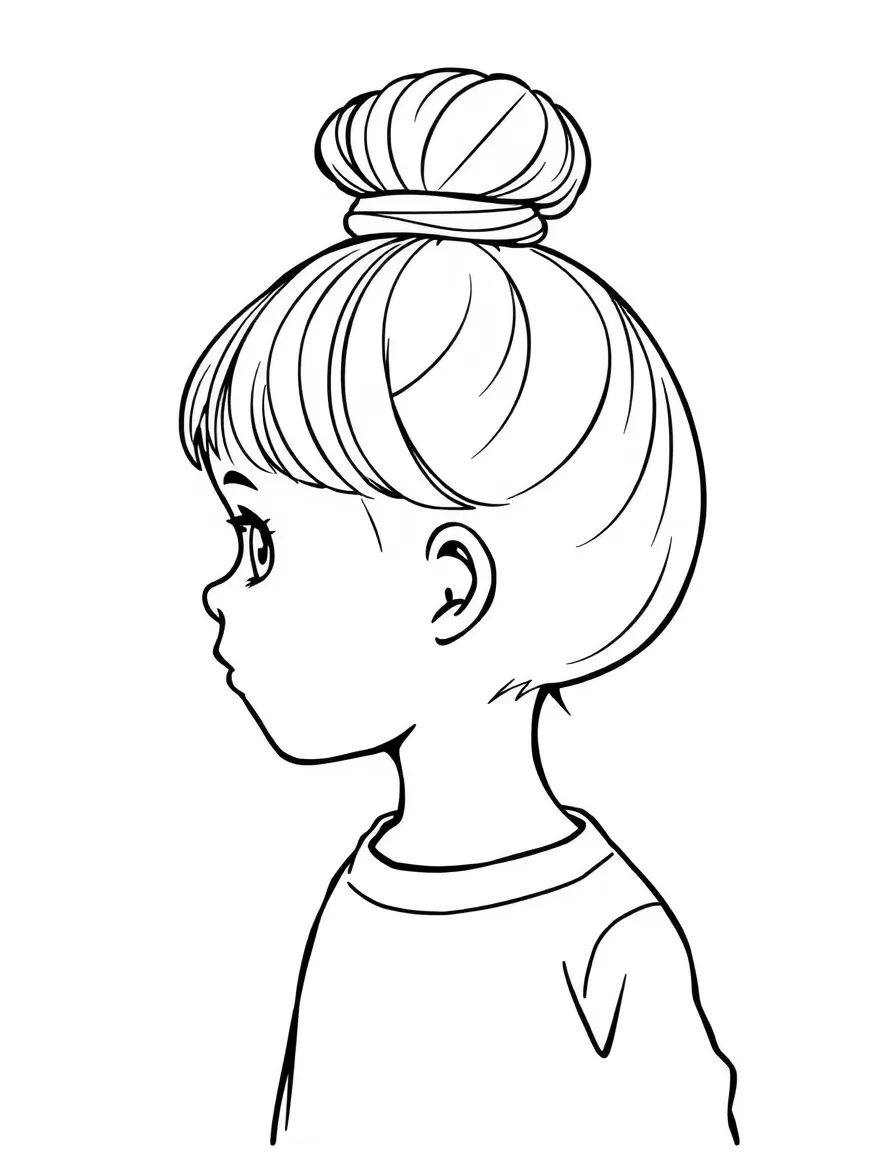 A child with hair in a high bun.