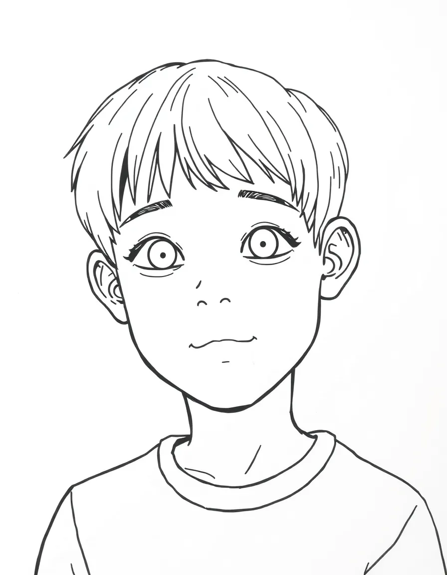 A boy with hair that's short and straight.