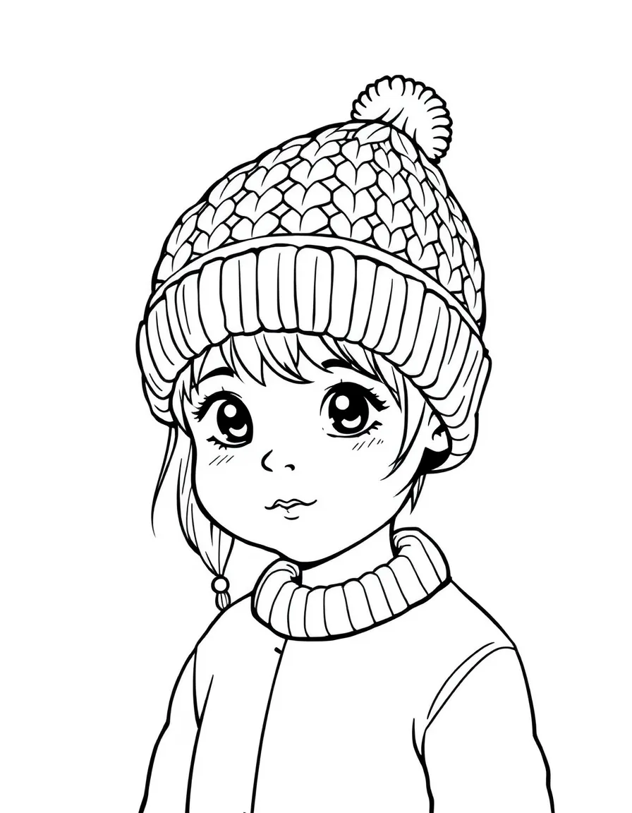 A child with hair in a simple knitted hat.
