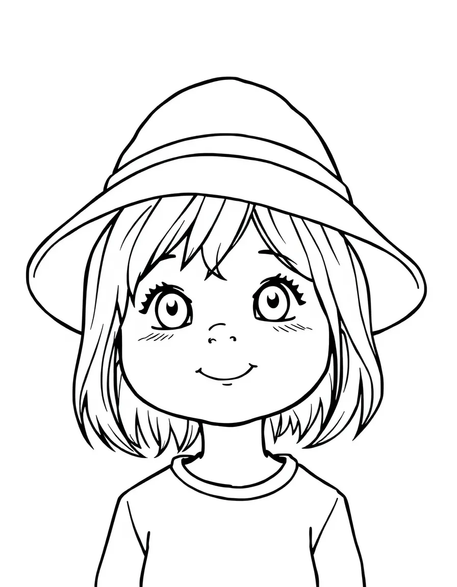 A child with hair in a simple sun hat.