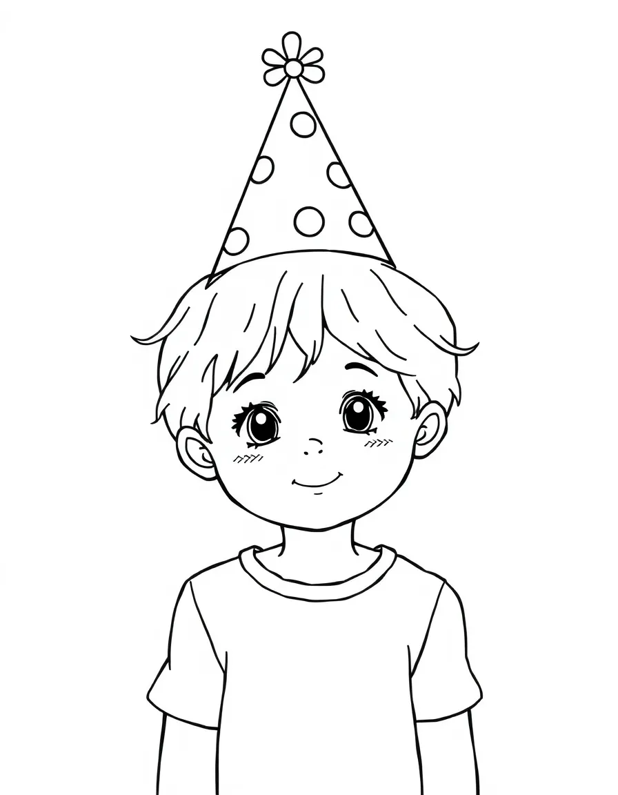 A child with hair in a simple party hat.