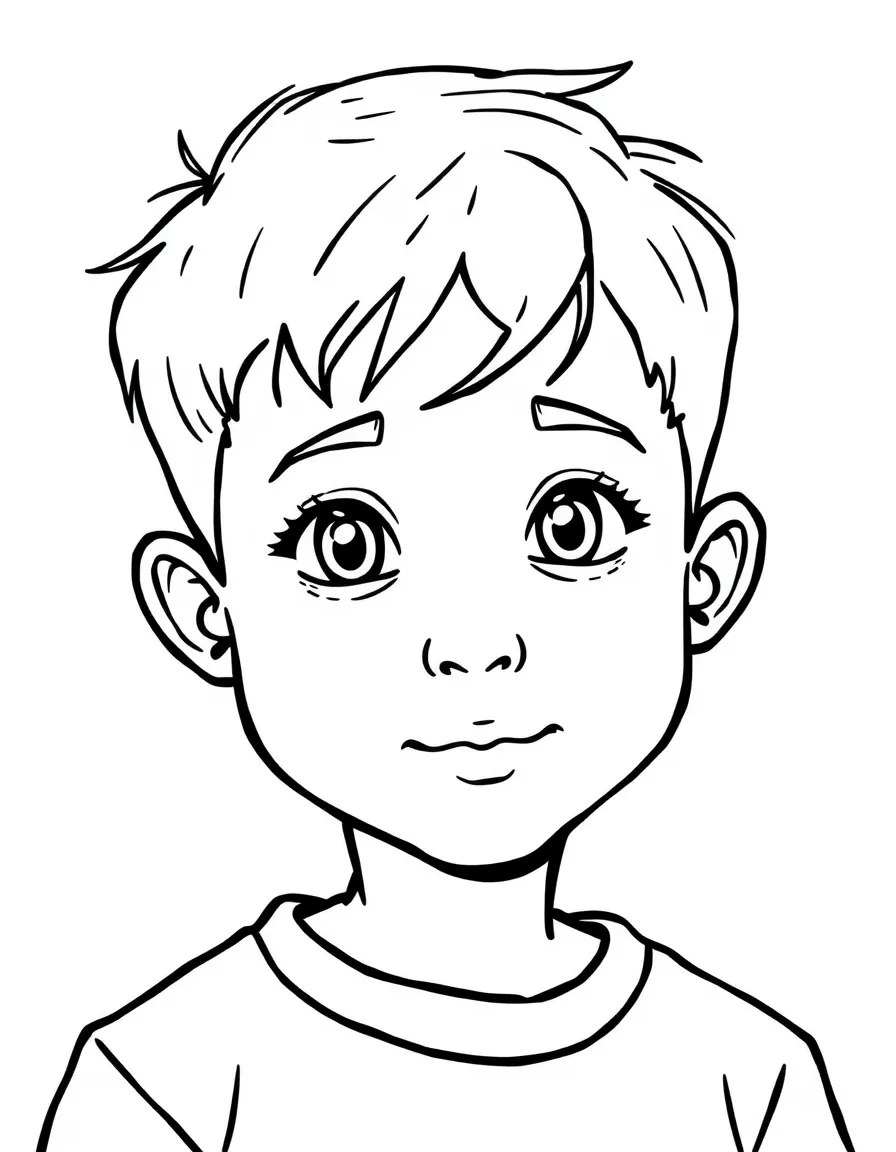 A boy with a simple crew cut, slightly longer on top.