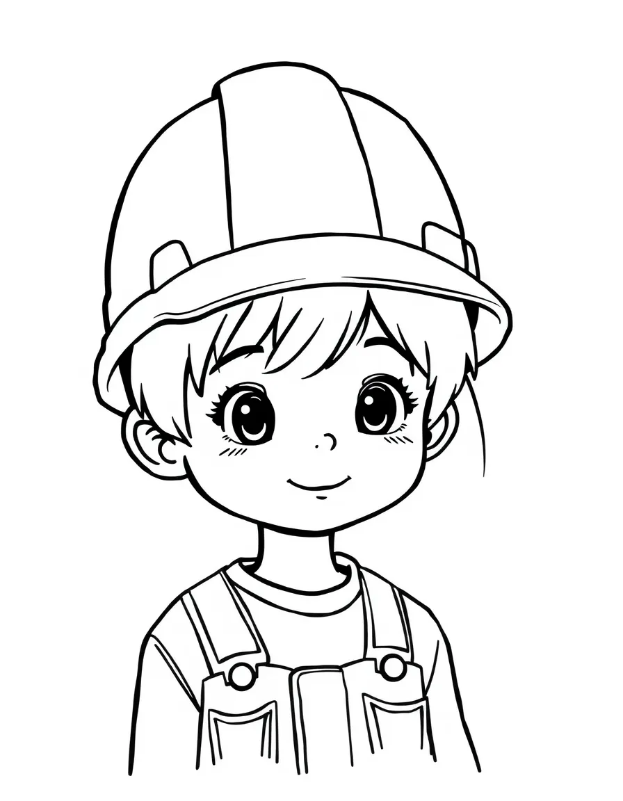 A child with hair in a simple construction hard hat.