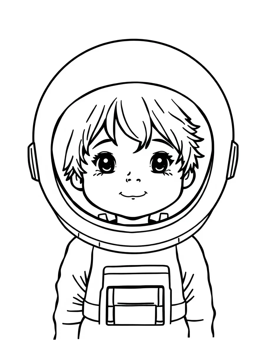 A child with hair in a simple astronaut helmet.