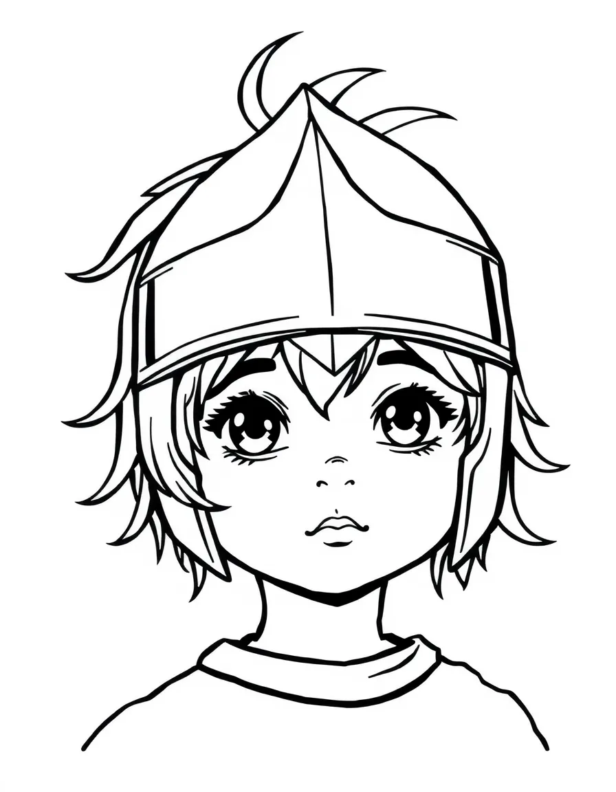 A child with hair in a simple knight's helmet.