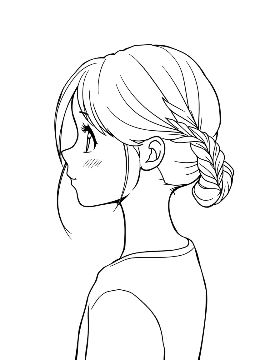 A girl with hair in a simple braided low ponytail.