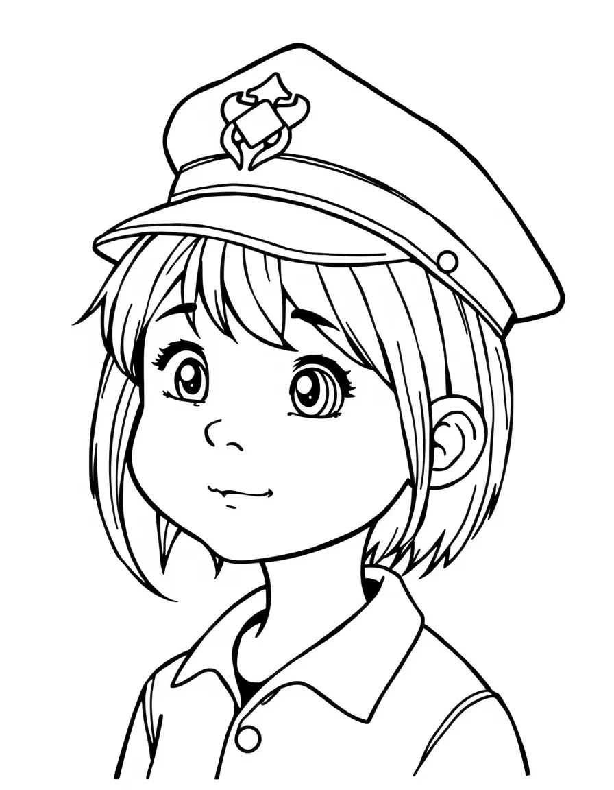 A child with hair in a simple police hat.