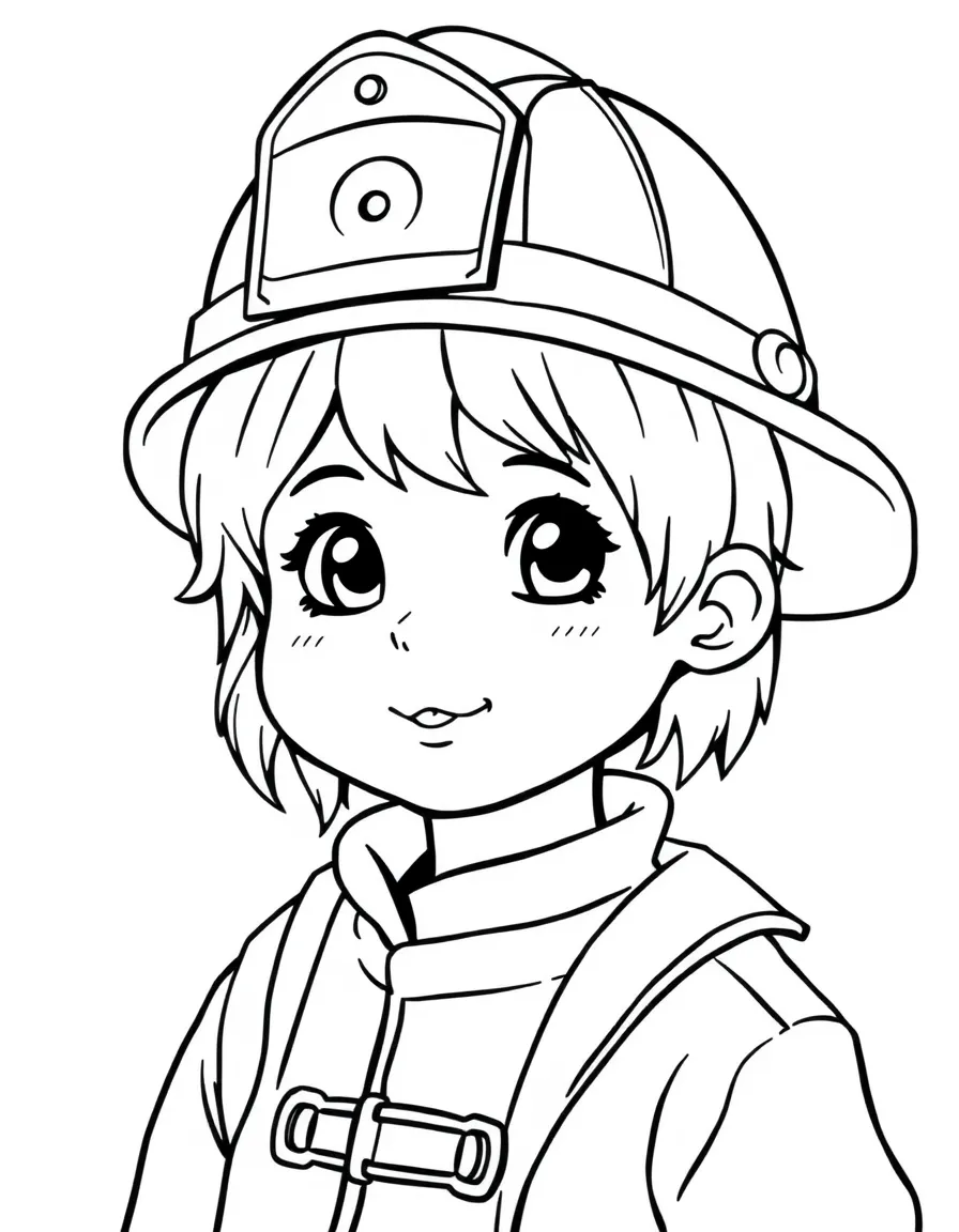 A child with hair in a simple fireman's helmet.