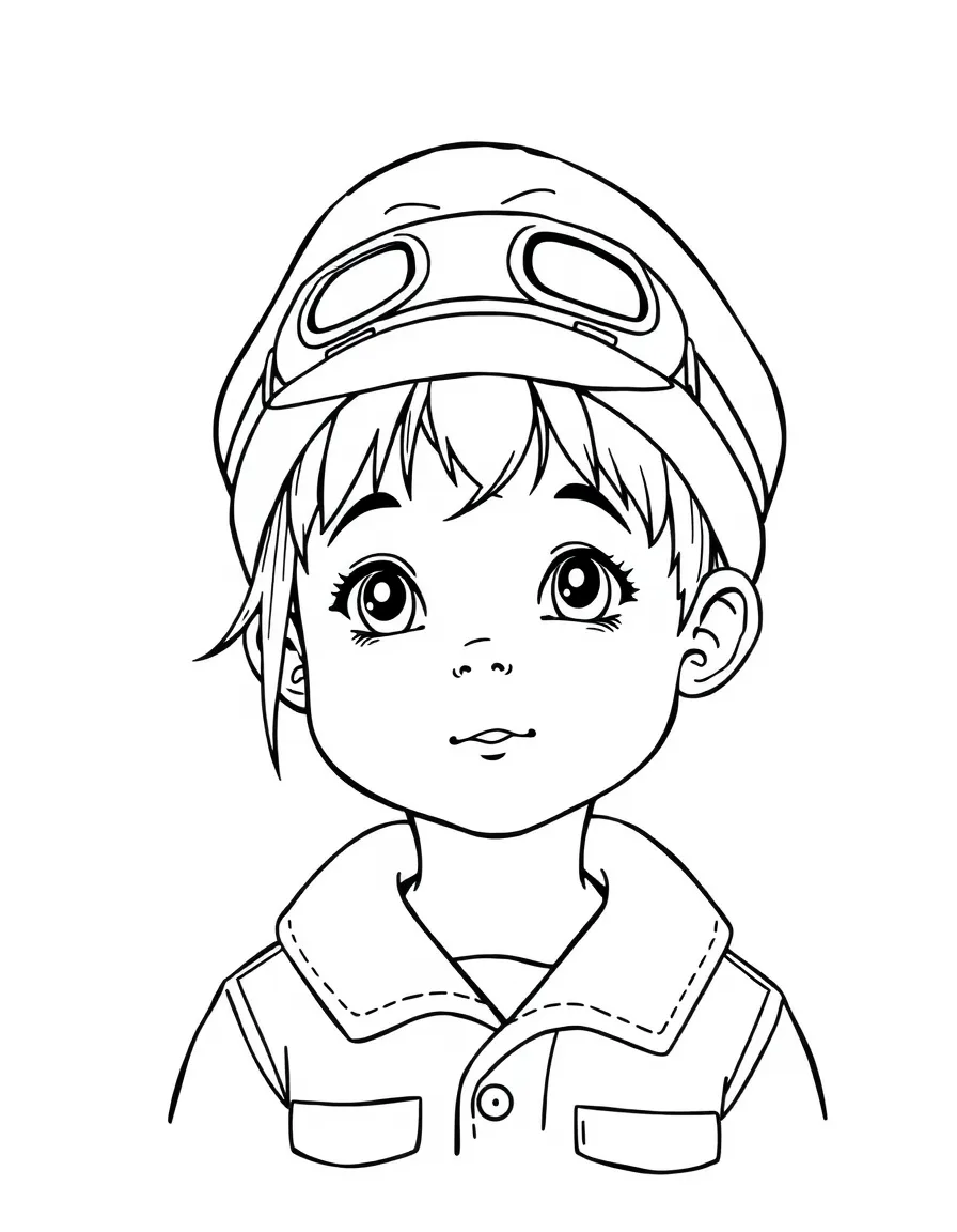 A child with hair in a simple pilot's hat.