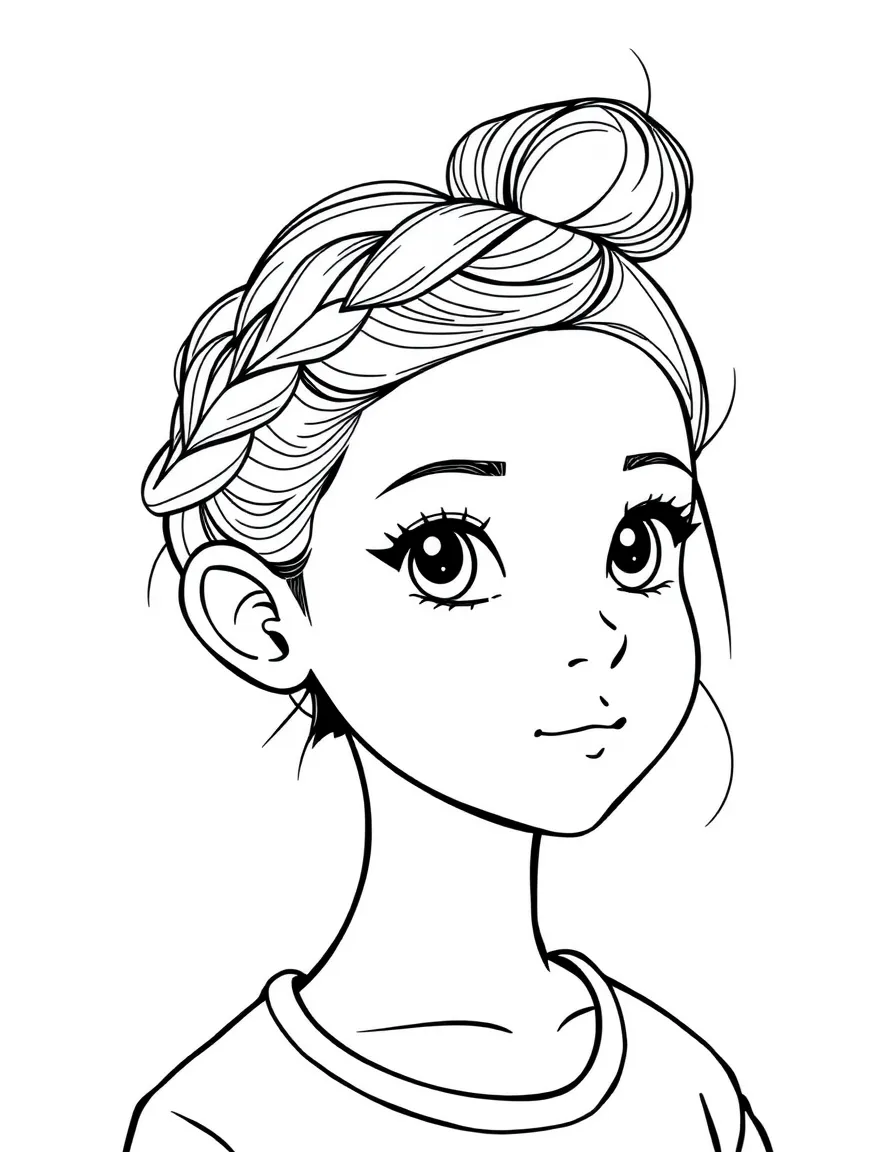 A girl with hair in a simple braided top knot.