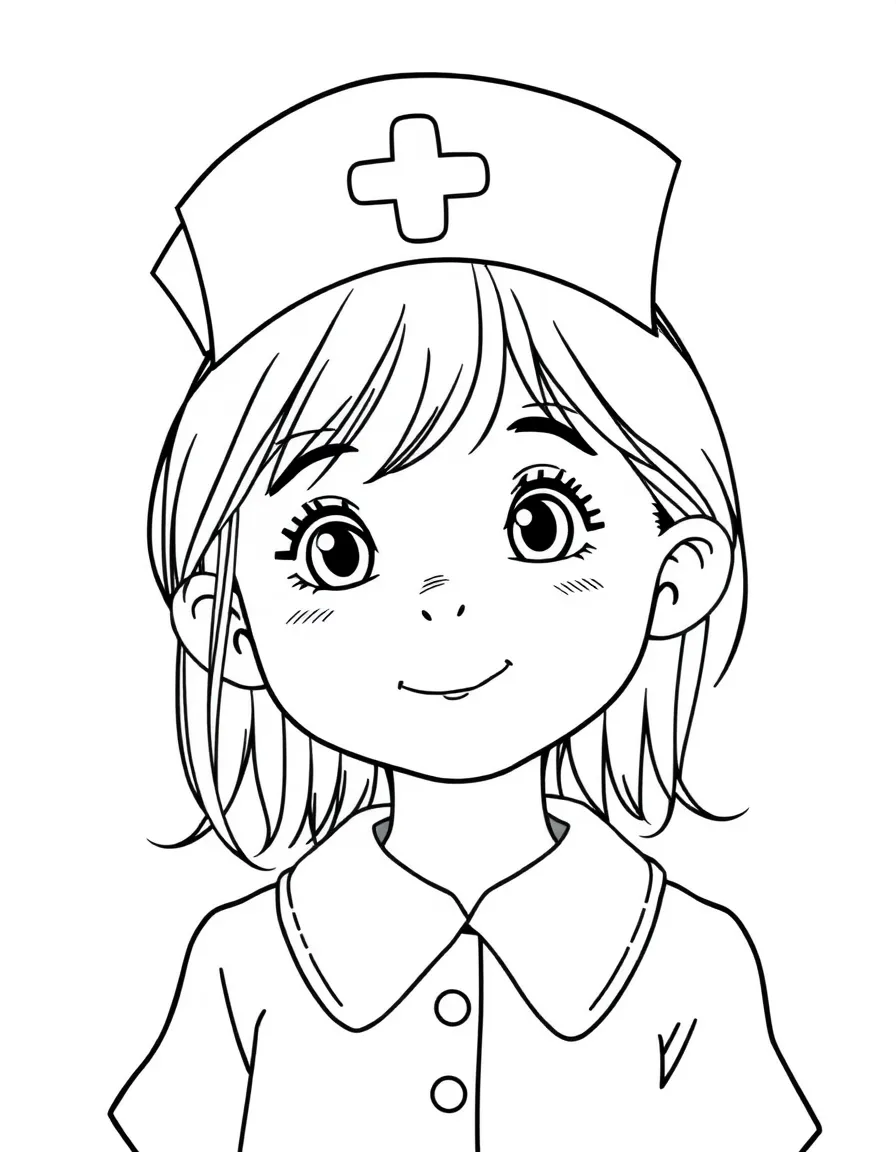 A child with hair in a simple nurse's cap.