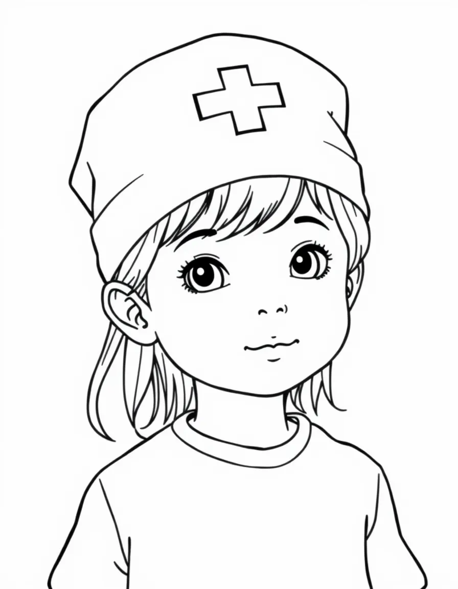 A child with hair in a simple doctor's scrub cap.