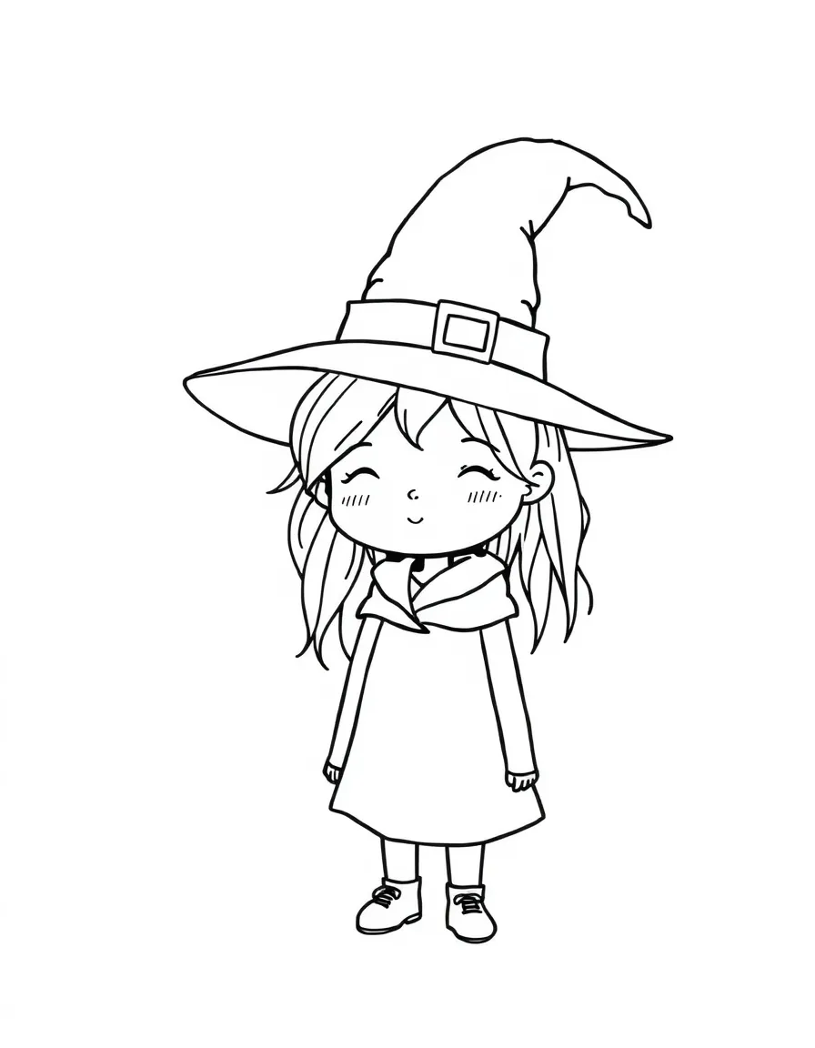 A child with hair in a simple witch's hat.