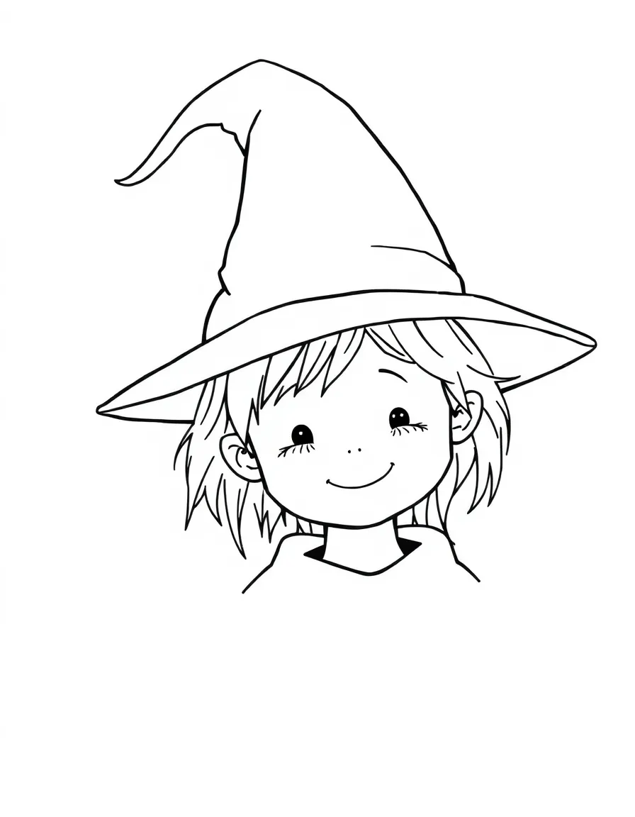 A child with hair in a simple wizard's hat.