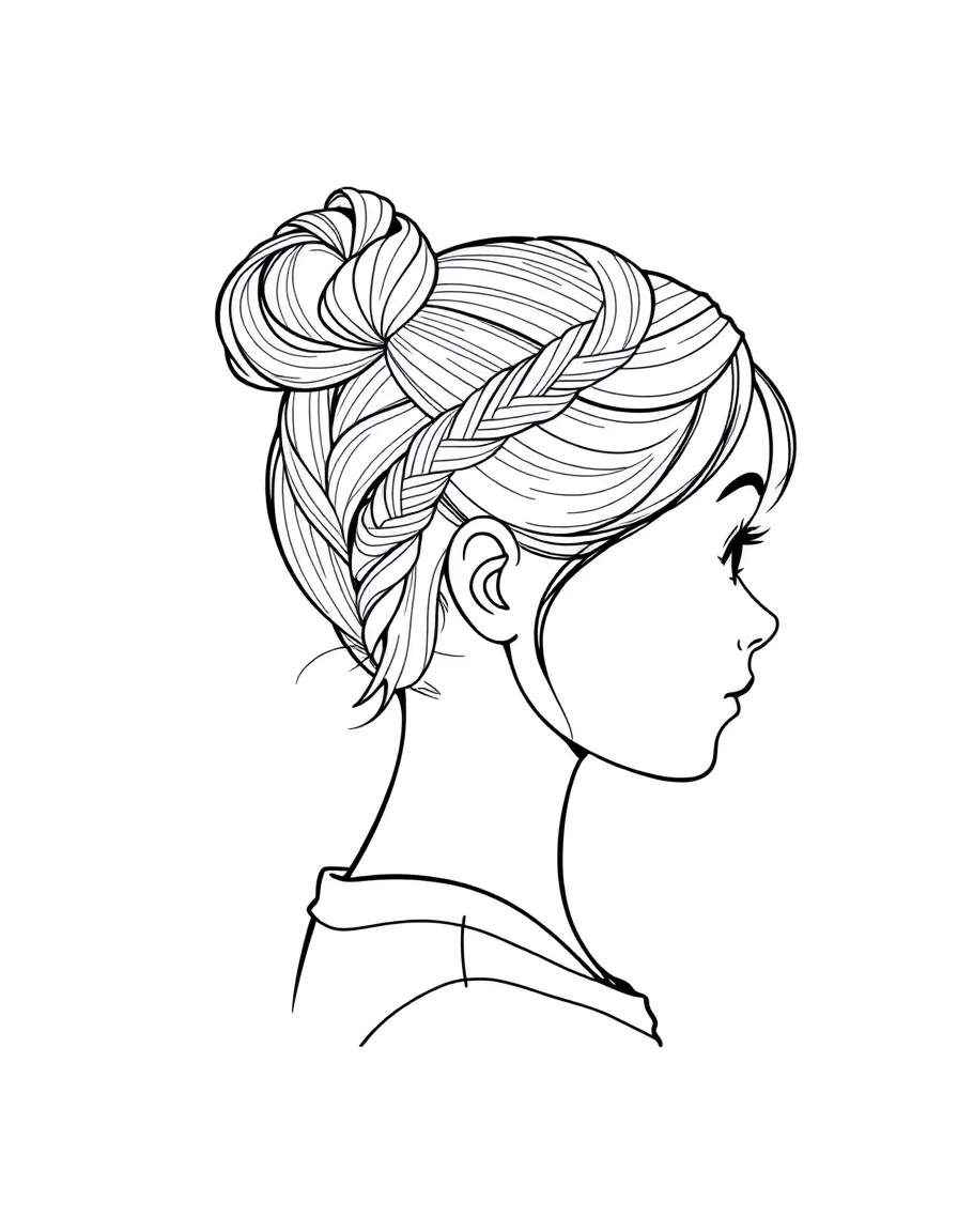 A girl with hair in a simple braided twisted bun.