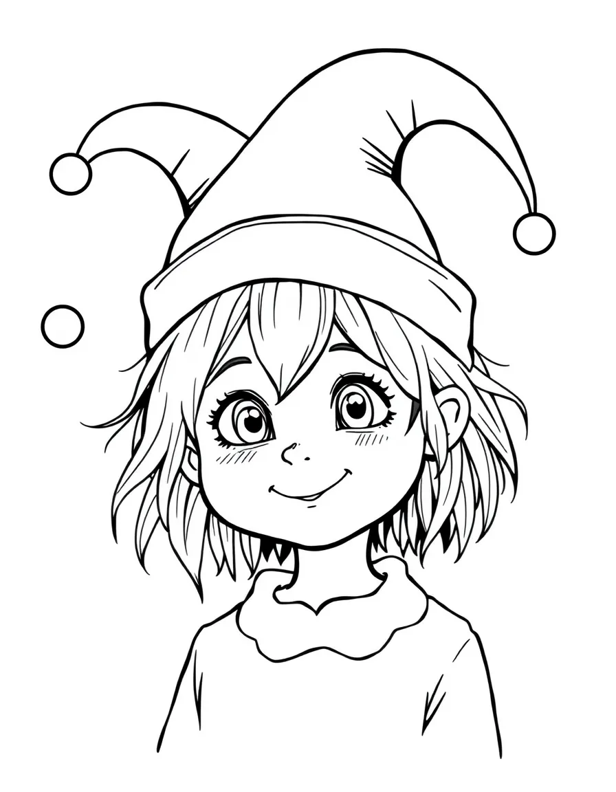 A child with hair in a simple jester hat.