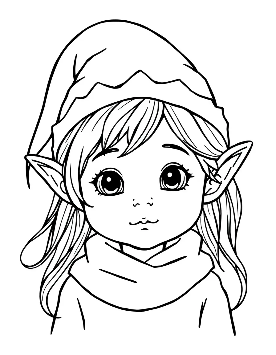 A child with hair in a simple elf hat.