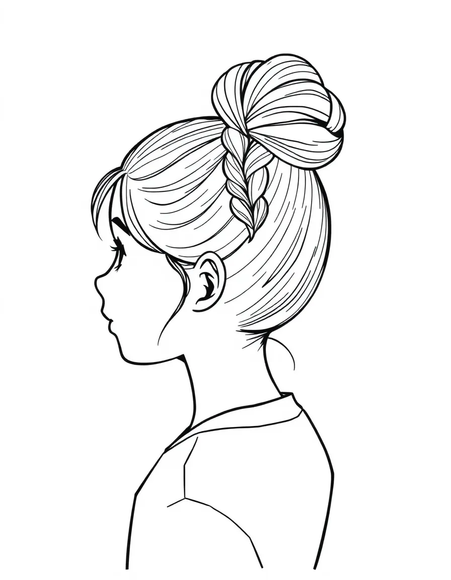 A girl with hair in a simple braided high bun.
