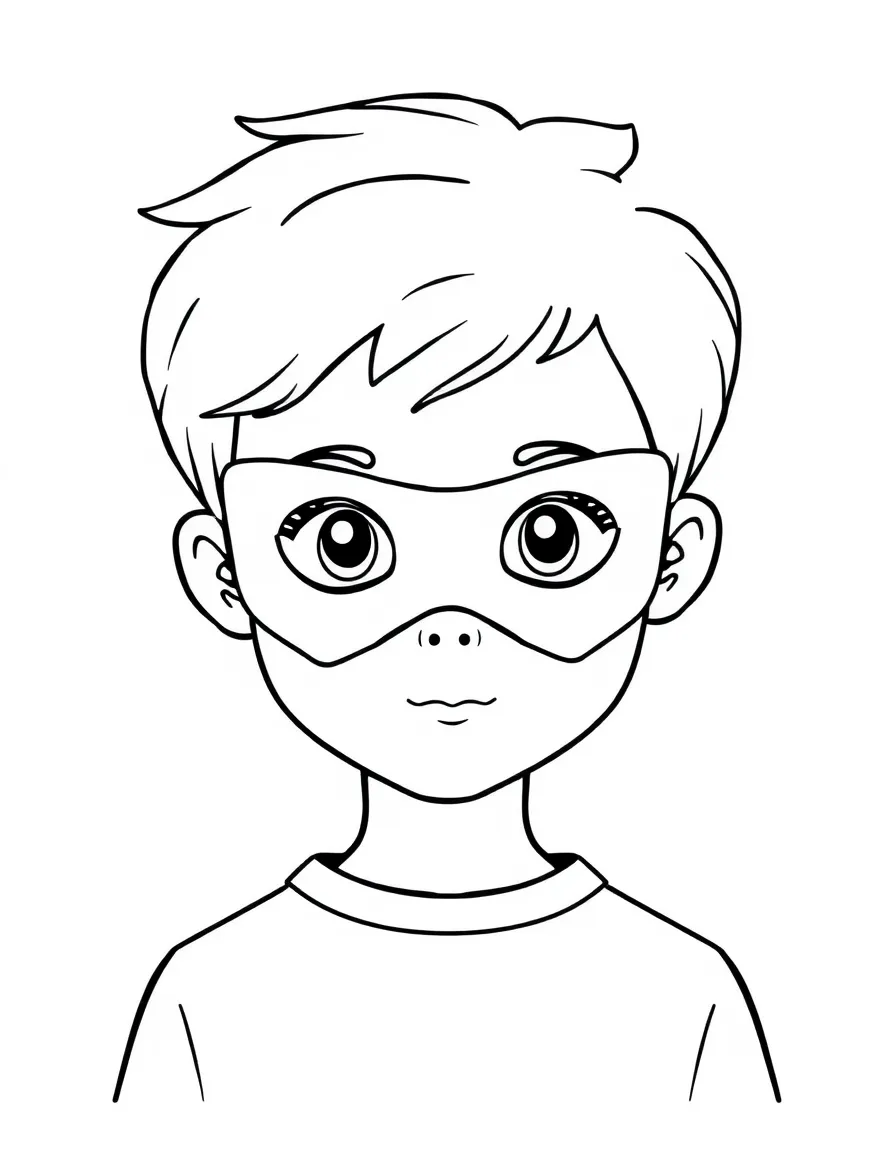 A child with hair in a simple superhero mask.