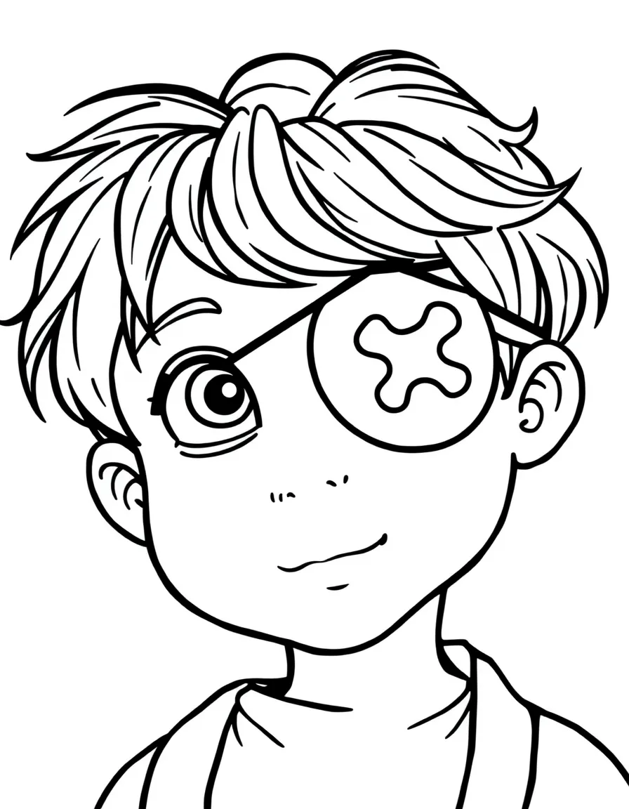 A child with hair in a simple pirate eye patch.