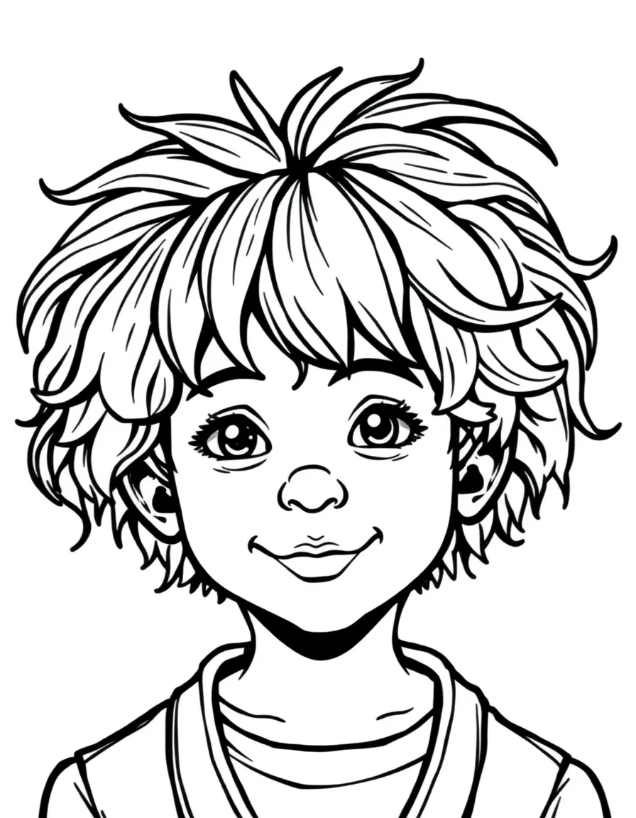 A child with hair in a simple red clown wig.