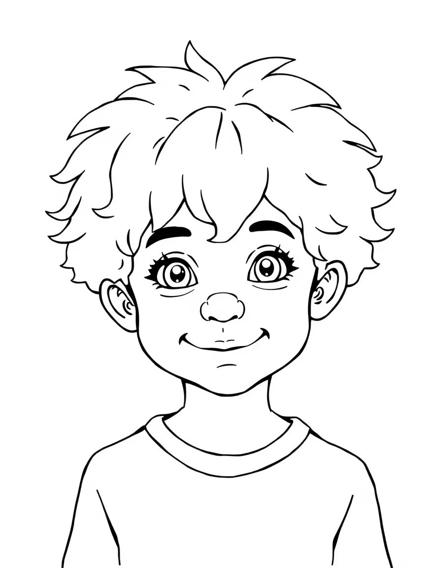 A child with hair in a simple blue clown wig.