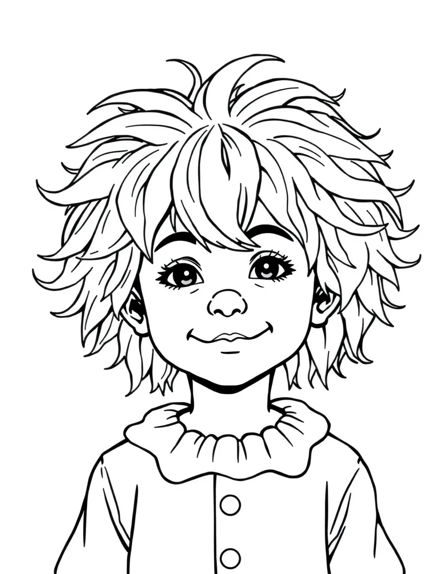 A child with hair in a simple green clown wig.