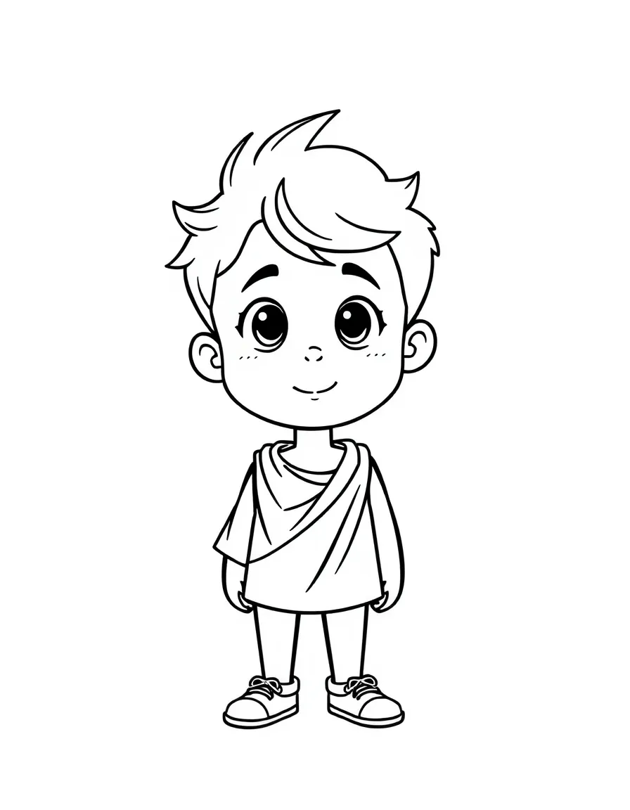 A boy with a simple caesar cut, short and neat.