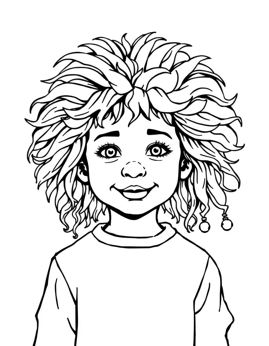 A child with hair in a simple rainbow clown wig.
