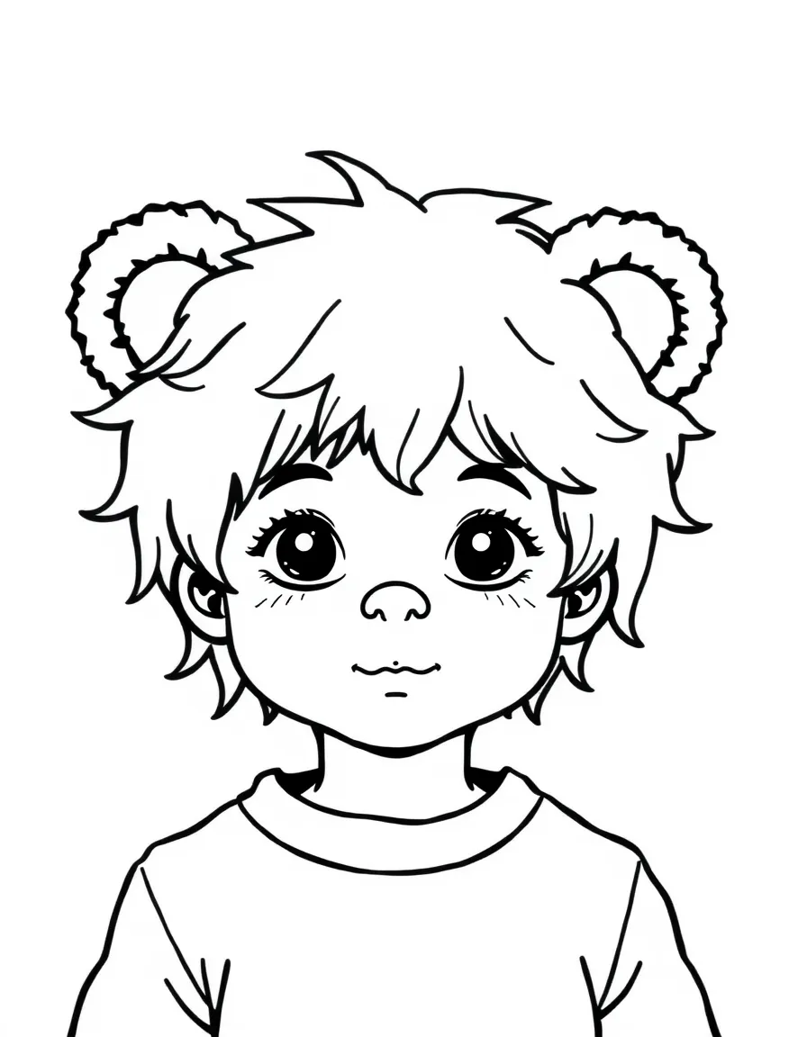 A child with hair in a simple brown bear wig.