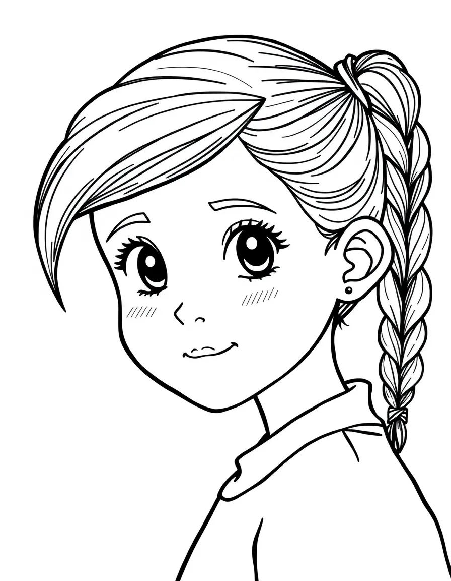 A girl with hair in a simple braided side pigtail.