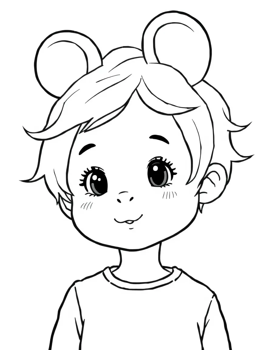 A child with hair in a simple gray mouse wig.