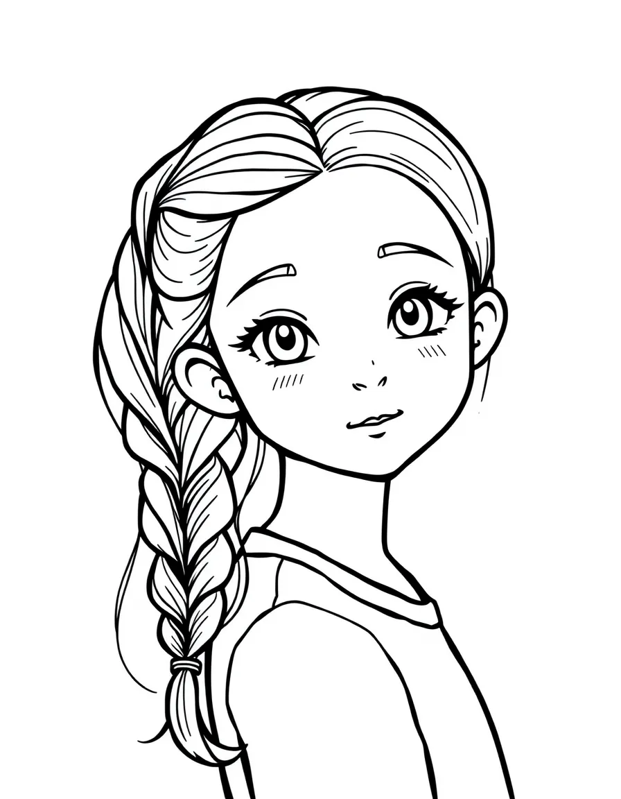 A girl with hair in a simple braided side ponytail.
