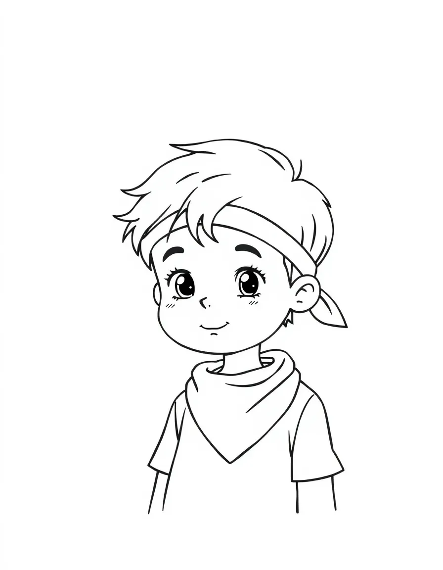 A child with hair in a simple red bandana.