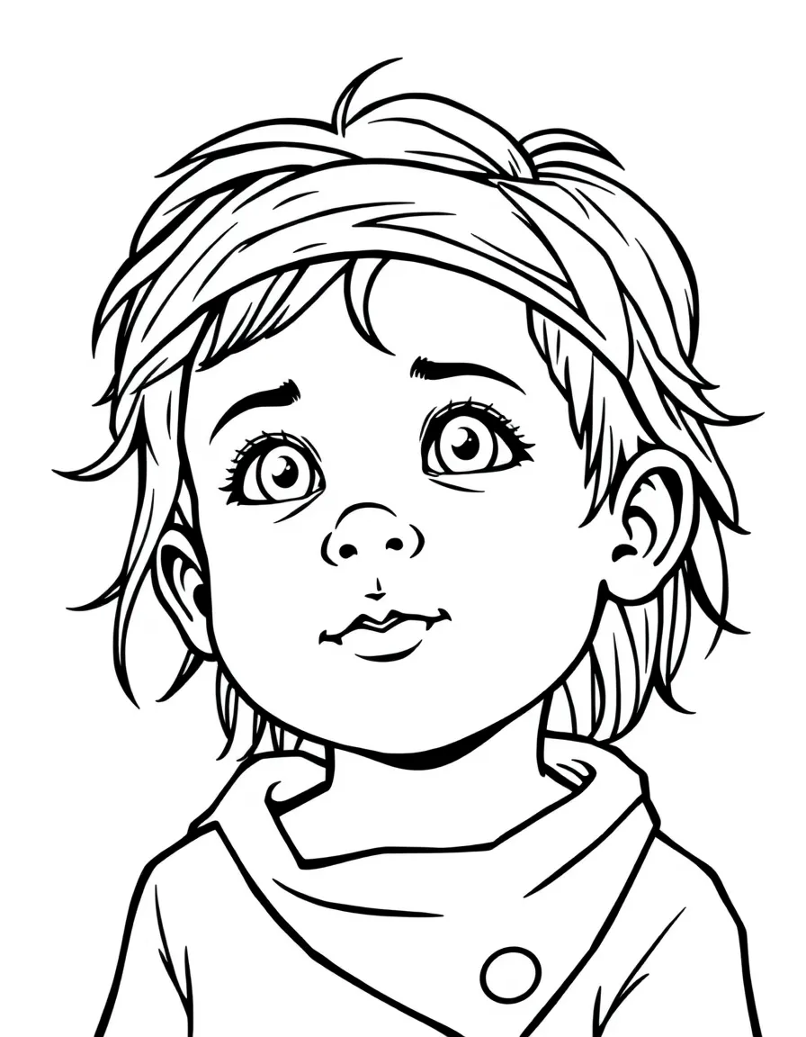 A child with hair in a simple blue bandana.