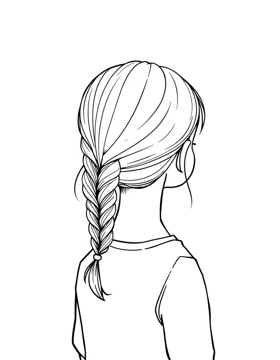 A girl with hair in a simple braided back pigtail.