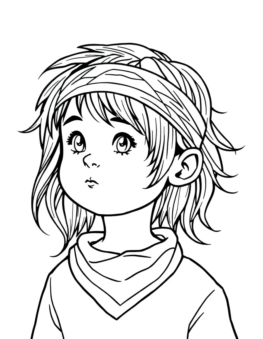 A child with hair in a simple rainbow bandana.