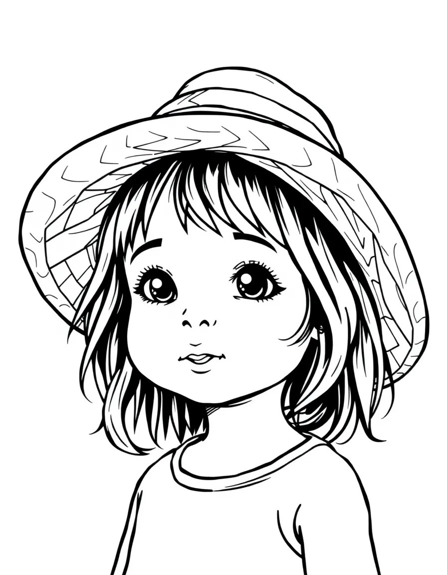 A child with hair in a simple straw sun hat.