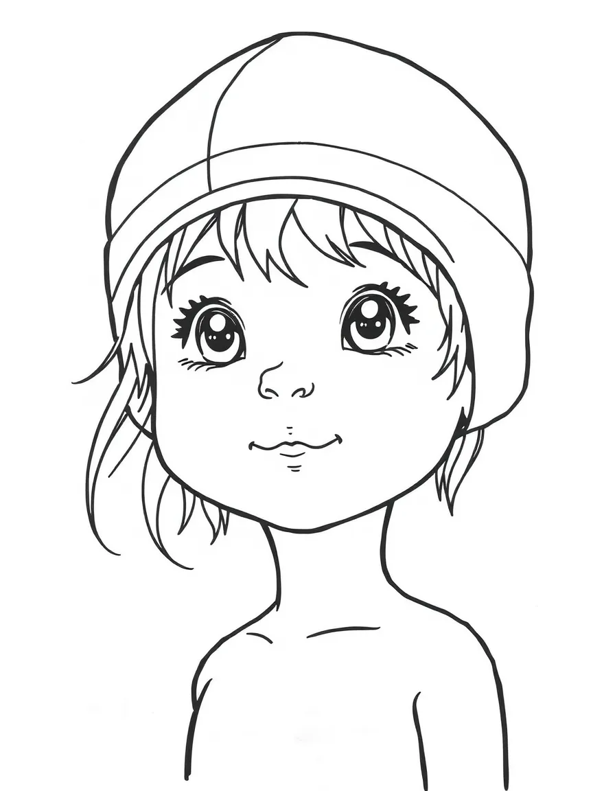 A child with hair in a simple blue swimming cap.