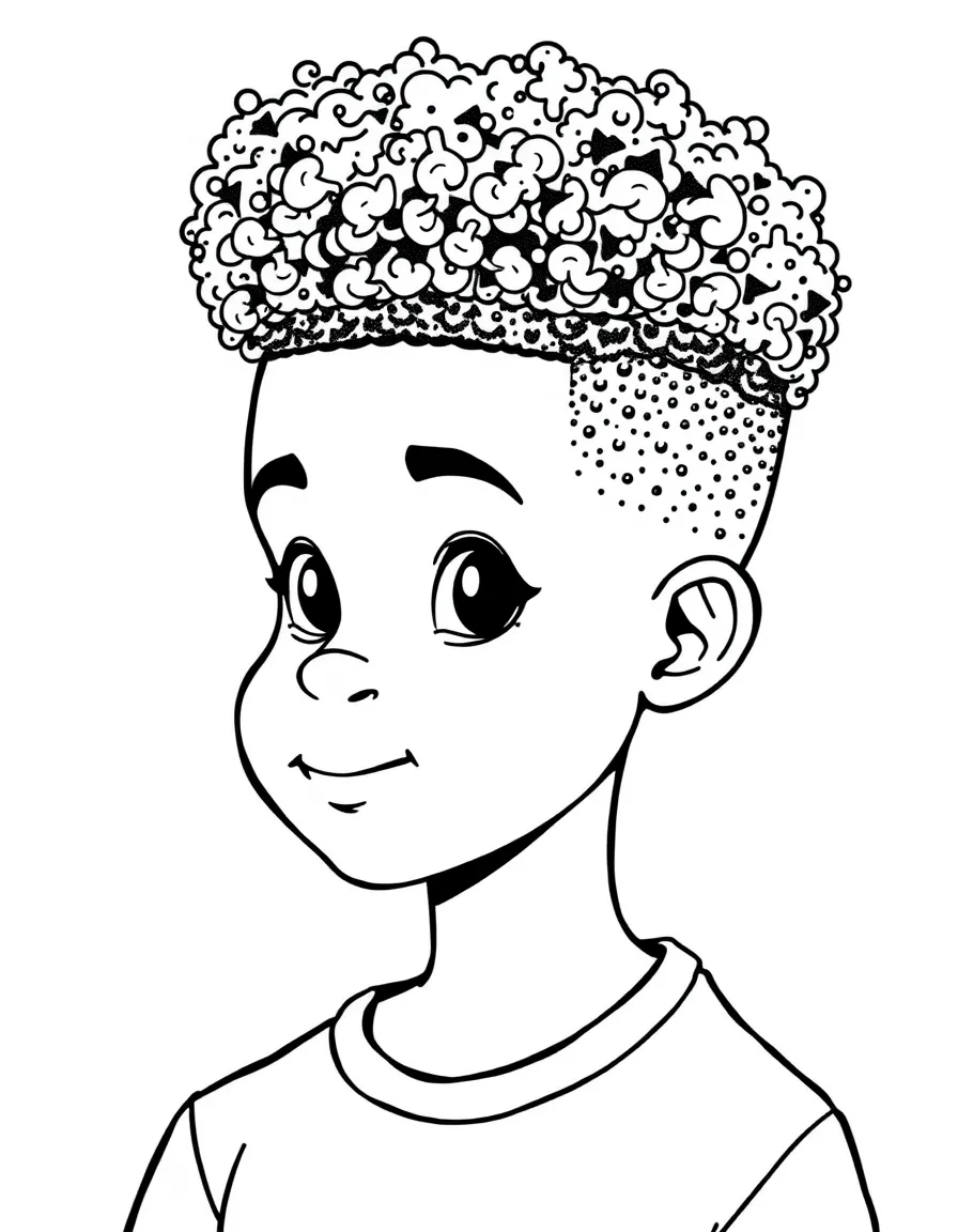A boy with a short afro, neatly rounded.
