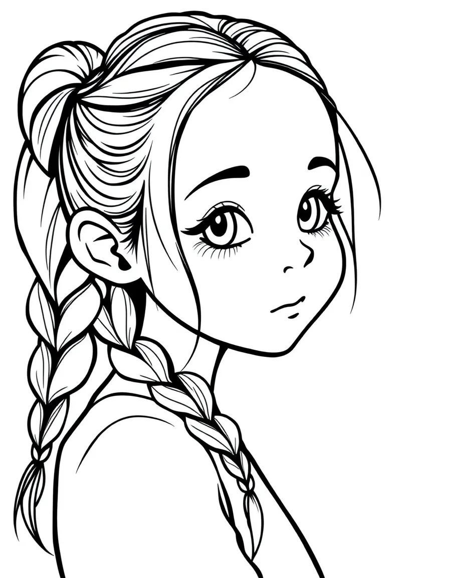 A girl with hair in a simple braided low ponytail.