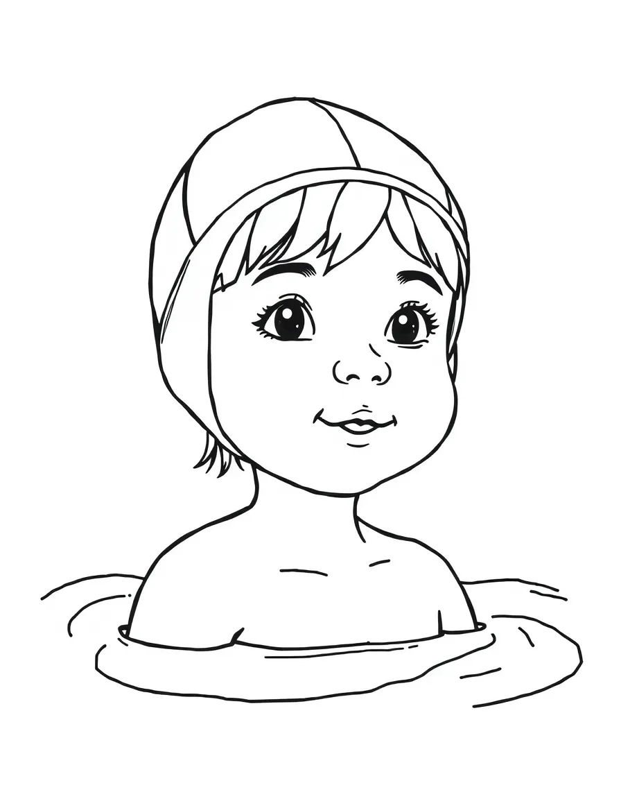 A child with hair in a simple orange swimming cap.