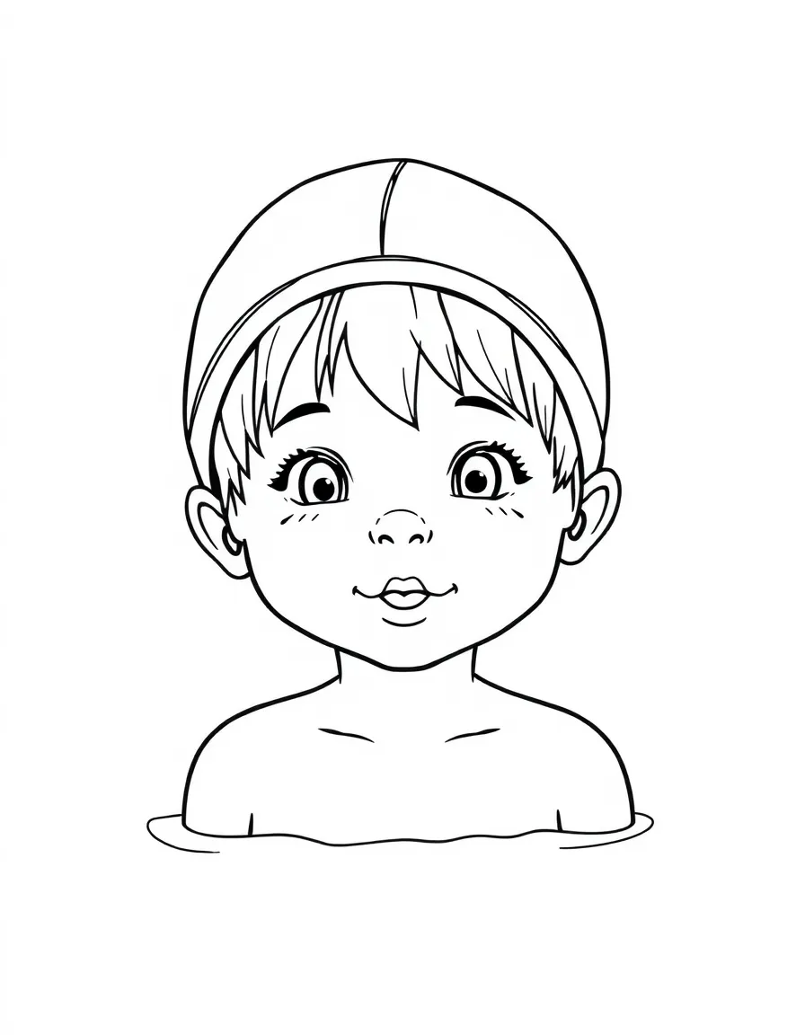 A child with hair in a simple gray swimming cap.