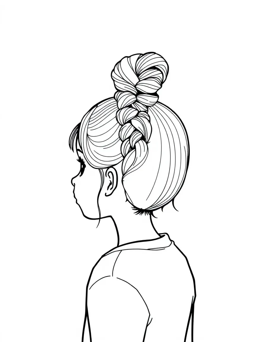 A girl with hair in a simple braided top knot.