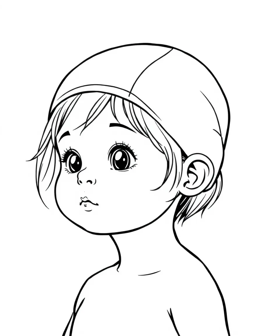 A child with hair in a simple light blue swimming cap.