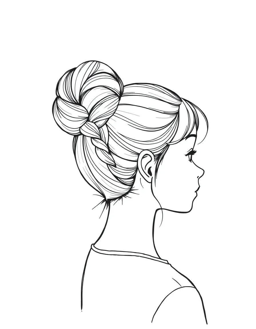 A girl with hair in a simple braided high bun.
